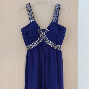 Stunning Royal Purple Beaded Cache Formal Dress with Copper Sequins